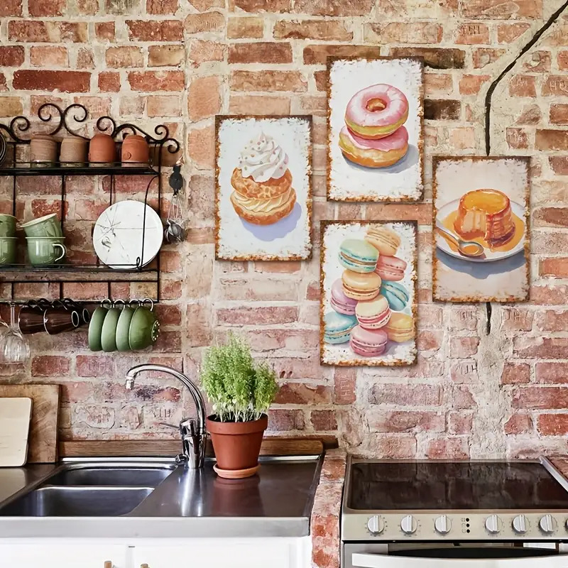 Kitchen Baking Wall Art - Płaski, dwuwymiarowy zestaw 4 metalowych tabliczek